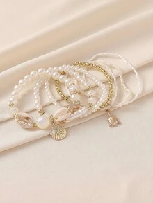 Set de 7 piezas de pulseras con conchas marinas, perlas falsas y estrellas de mar, diseño apilable de estilo bohemio, adecuado para niñas, casual de playa, patrón de conchas casual, gran regalo - Blanco - Ver 2