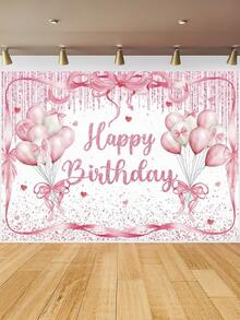 1 Stück rosa Schleife Glücklicher Geburtstag Fotografie Hintergrund mit Glitzer Punkten, Herzen, Luftballons, Party Banner 150 x 100 cm / 210 x 150 cm / 270 x 180 cm, Neugeborenen Babyparty Geburtstag Foto Hintergrund für drinnen und Outdoor, Dekorationszubehör
