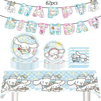 Sanrio Sanrio Cinnamoroll Party Supplies,Birthday Banner, Included Plate,Napkins,Tablecloth For Cinnamoroll Party Decorations,Cinnamoroll Birthday Party Decorations,Sanrio Cinnamoroll Tableware