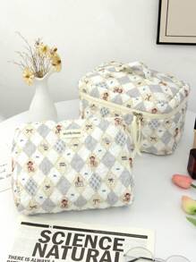 1 pezzo Borsa trucco casual carina a quadri beige, grande capacità, con cerniera, portatile, per il viaggio, per la conservazione di articoli di cancelleria, elementi essenziali per le vacanze, cosmetici, chiavi, cuscinetti, auricolari, telefoni cellulari, caricabatterie, rossetti, cosmetici, profumi, prodotti per la cura della pelle e della bellezza, per la conservazione in bagno a casa, adatta per mamme, donne, infermiere, studenti, ragazze, regali per le vacanze e il ritorno a scuola