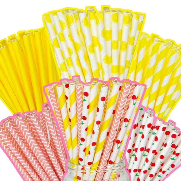 Yellow & Pink Disposable Paper Straws In Various Sizes, Suitable For Beach Party, Baby Shower, Birthday Party, Summer Hawaiian Cold Drink, Juice, Orange Decor Straws
