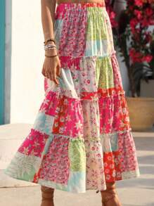 New Lightweight Floral Patchwork Pleated Skirt, Japanese Style Fresh Cute Ditsy Floral Summer Vacation Fashion Holiday Casual Skirt Suitable For Hawaii, Music Festivals, Ladies' Day Celebrations, Country Music Concerts, Graduation, Parties, Independence Day