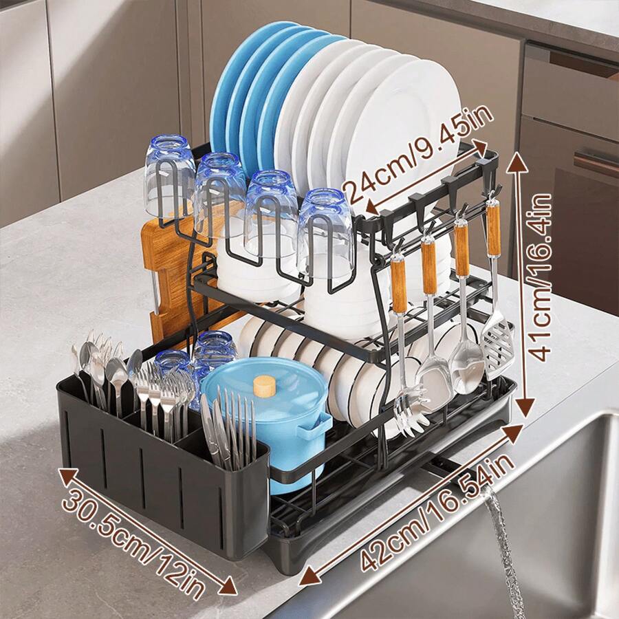 3 Tier Kitchen Dish Drying Rack - Large Capacity Carbon Steel Organizer With Removable Drainage, Multi-Layer & Basket Design For Dishes, Bowls, Utensils, Space Saving, Great Housewarming & Christmas Gift, Utensil Holder