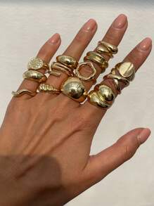 14pcs/Set Minimalist Punk Fashion Multi-Element Asymmetrical Wave Geometric Round Water Drop Rings, Vintage Metal Gold Color Thick Ring Set, Suitable For Women Daily Wear, Holiday Decoration, Party Outfit, Festival Gift