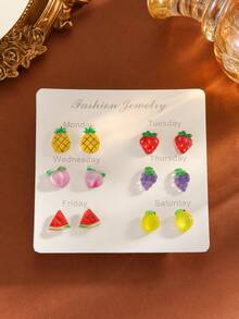 6pcs/Set Cute Cartoon 3D Simulation Fruit Watermelon/Peach/Grape/Mango/Flower Stud Earrings Sets For Women, Suitable For All Seasons, Parties, Gifts, Work Wear - Multicolor - View 2