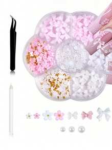 600Pcs Bow Nail Charms And Flatback Pearls,White Pink Bowknot 3D Cute Nail Charms Acrylic Flower For Nail Supplies Design,White Half Pearls For Nail Decoration DIY Crafts Y2K Nail Art Accessories