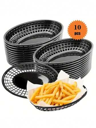 10 piezas de cestas negras de comida rápida, cestas de almacenamiento de cocina modernas, cestas de picnic, cestas para hamburguesas, cestas para sándwiches y cestas para papas fritas, cestas ovaladas perforadas para drenar escritorio, organizador de frutas, bandejas para aperitivos, cestas de almacenamiento de escritorio, bandejas para servir aperitivos, bandejas para exhibición de alimentos en la mesa. Cestas para pan, cestas para frutas, cestas para frutas secas, boles para frutas, boles para verduras, cestas para pollo frito y hamburguesas