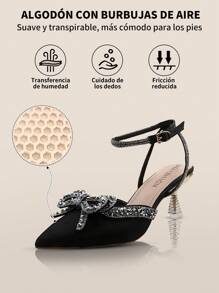 GlamourGrip Zapatillas de tacón elegantes para mujer con lazo brillante, tacones altos puntiagudos de punta estrecha y tacón grueso, zapatos cómodos de mujer tipo slingback con tira en el tobillo, tacones elegantes combinables con vestidos y ropa formal para fiestas, trabajo, citas, vacaciones, Halloween y Navidad