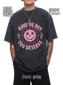 230G Washed Pure Cotton T-Shirt, Men'S Casual Fashion, With Pink Ghost Face And 'HAVE THE DAY YOU DESERVE' Print, Outdoor Sports T-Shirt |   Loose Fit |   Soft Knitted T-Shirt - Black - View 1