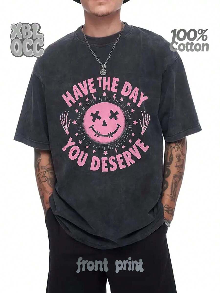230G Washed Pure Cotton T-Shirt, Men'S Casual Fashion, With Pink Ghost Face And 'HAVE THE DAY YOU DESERVE' Print, Outdoor Sports T-Shirt | Loose Fit | Soft Knitted T-Shirt - Black - View 1