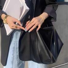 Black Minimalist Leather Shoulder Bag, Large Capacity