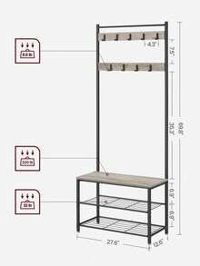 Coat Rack, Coat Stand With Shoe Storage Bench, Hall Tiree With Shoe Rack, 3-In-1 Design, Steel Frame, For Hallway, Entrance, 32 X 70 X 177 Cm, Modern, Grege And Black - Grey - View 7