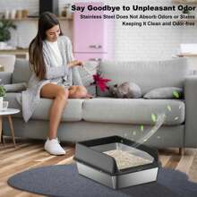 Pet Supplies Pet Stainless Steel Cat Litter Box With Lid Large Litter Box For Big Cats Non-Stick Stainless Steel Cat Boxes High Sides, Kitten Metal Boxes, Anti-Leakage, Easy To Clean Black 6''Deep