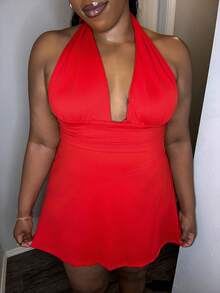 Truni Awkwardfatgirl Plus Size Women's Sweet Daily Wear Red Dress With Exposed Straps At The Back, For Pear Triangle Body Shape - Red - View 6