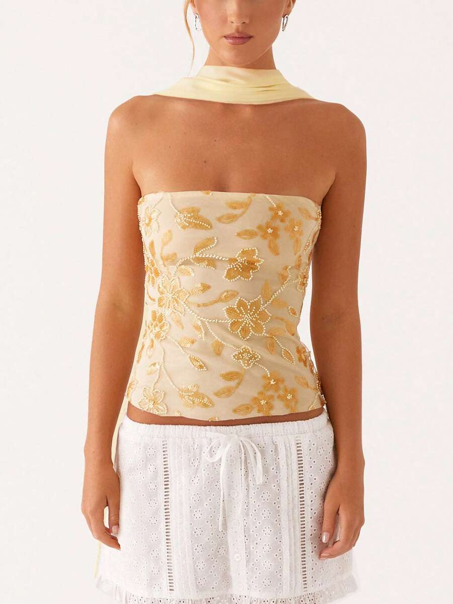 Women's Sequin Crop Tube Top  Rhinestone Floral Embroidery Sleeveless Slim Fit Strapless Tops  Y2K Bandeau With Scarf - 黃色 - 查看 1