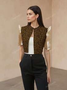 Floral Printed Ruffled Sleeve Filipiniana Style Short Sleeve Cardigan Top For Women, Spring/Summer