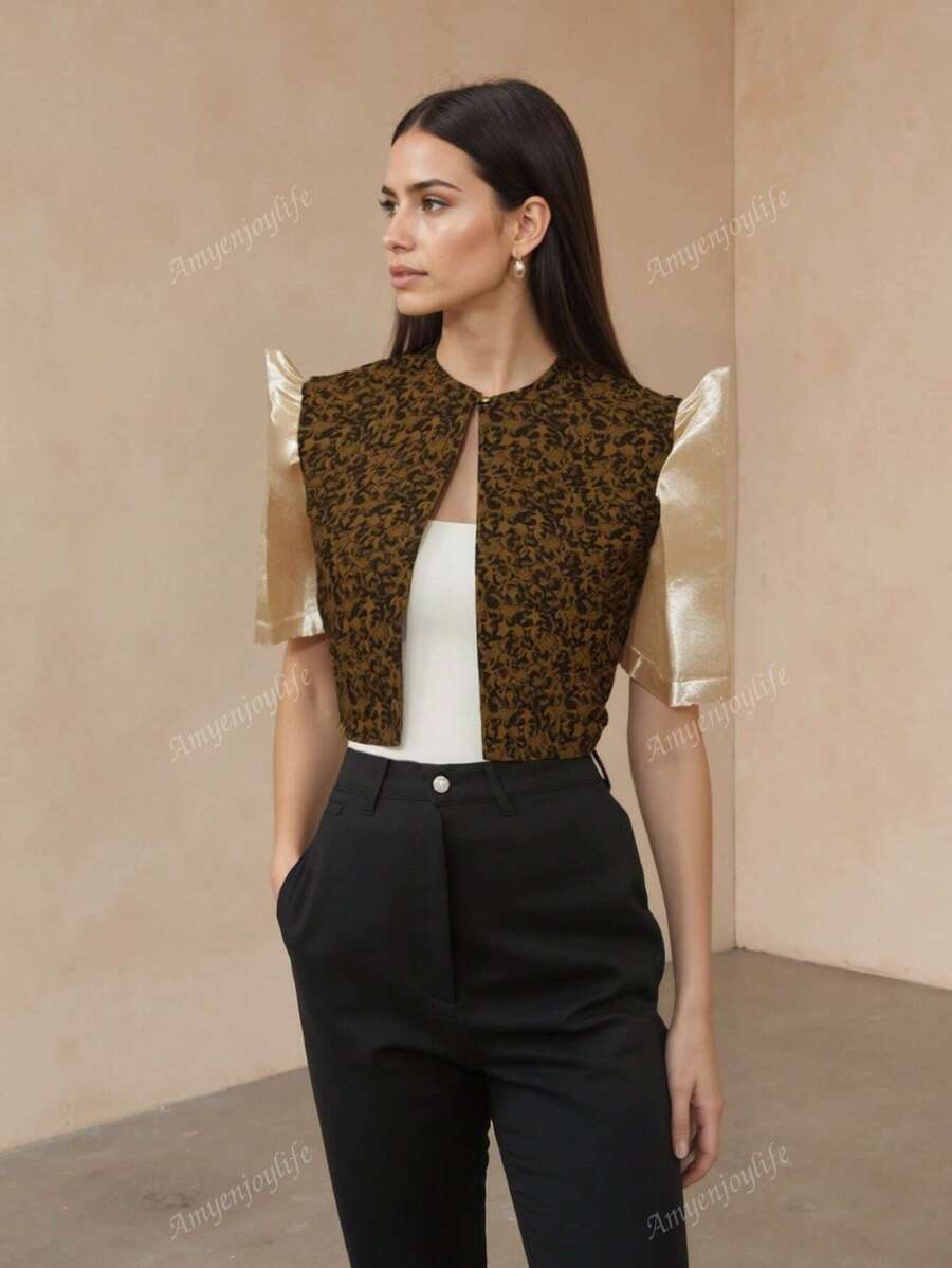 Floral Printed Ruffled Sleeve Filipiniana Style Short Sleeve Cardigan Top For Women, Spring/Summer