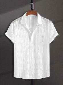 New Men's Solid Color Elastic Knitted Hollow Lattice Pattern Jacquard Turndown Collar Button Down Casual Lightweight Shirt, Suitable For Daily Wear, Street Fashion, Summer - White - View 2