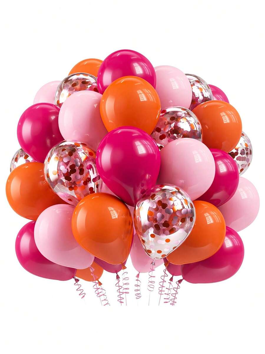 60pcs Pink Orange Latex Balloons, 60 Pieces 12 Inch Light Pink & Hot Pink Orange Color Ribbon Balloons, Suitable For Holiday Party, Birthday, Tropical Party Decoration - Multicolor - View 1