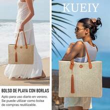 Bolsa de playa para mujer,bolso de hombro para mujer, bolsa de de paja,diseño de cierre magnético, para playa, picnic, vacaciones, compras, gimnasio - Marrón - Ver 3
