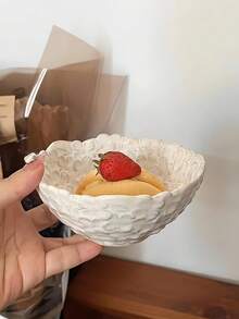 1pc 3D Embossed Sakura Flower Ceramic Bowl, French Retro Sakura Fruit Yogurt & Oatmeal Bowl, Elegant Sakura Dessert Breakfast Bowl, Suitable For Restaurants, Living Rooms, Cafes,School Supplies - Beige - View 2