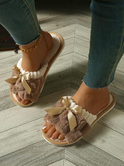 Women Rabbit Fur Bow Design Slip-On Slippers, Comfortable Open Toe Fluffy House Furry Shoes For Bedroom