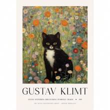 Peinture sur canevas de style poster rétro avec des motifs de fleurs nordiques, d'animaux comme le paon, le lama, le tigre royal du Bengale et le lion, selon le style de Gustav Klimt. Décoration murale pour la maison, cadeau avec option de cadre