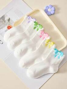 3 pares de calcetines de niña de media caña con diseño de lazo 3D en colores aleatorios y variados, adecuados para uso diario en todas las estaciones - Multicolor - Ver 5