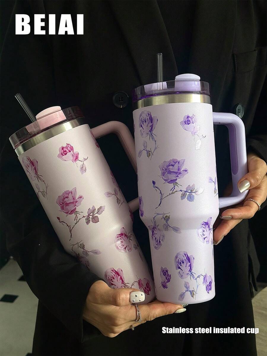 1pc 40oz/14oz Watercolor Rose Themed Vacuum Insulated Tumbler With Handle, Stainless Steel Travel Mug, Reusable Cup, Suitable For Commute, School, Office, Outdoor, Gym, Home, Gifts For Women, Teenagers, Holiday, Birthday (With Straw)