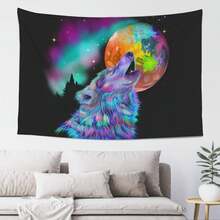 Colorful Rainbow Wolf Howling  40x60 Inch Horizontal Wall Tapestry 100% Polyester Ideal Decor For Living Room Bedroom Dorm Boho Style Home Decor - Black - View 1