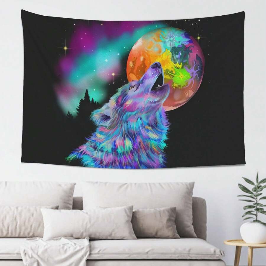 Colorful Rainbow Wolf Howling  40x60 Inch Horizontal Wall Tapestry 100% Polyester Ideal Decor For Living Room Bedroom Dorm Boho Style Home Decor - Black - View 1