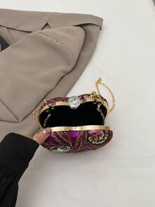 花卉亮片拼接不对称手提包，爱心造型手拿包，优雅五金装饰，适合晚宴、婚礼、度假等场合，可斜挎，链条设计，可装口红和零钱包，情人节礼物，紫色，亮片 - 紫色 - 查看 11