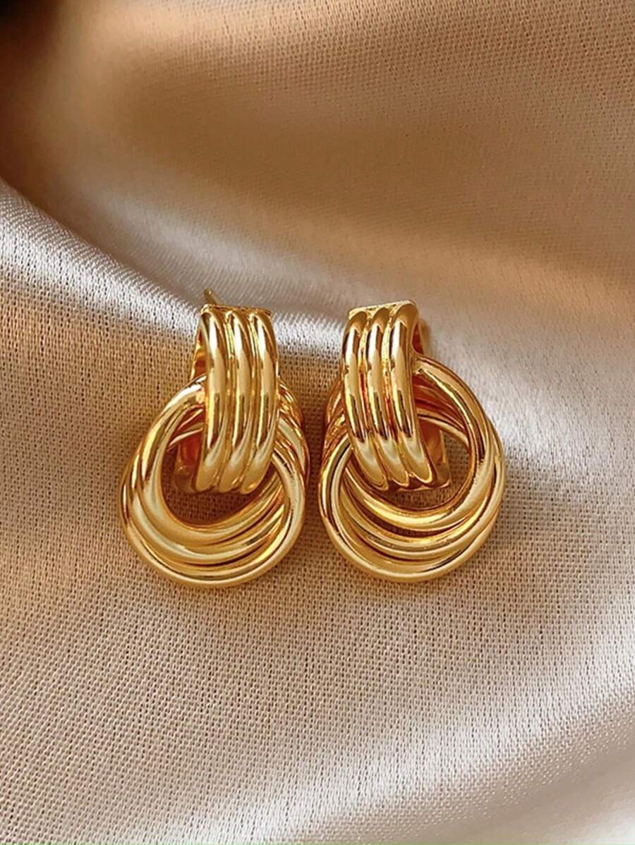 1pair Bridal Exaggerated Simple Stylish Asymmetrical Summer Hollow Hoop Out Several Circle Round Entwined Texture Mixed Multilayer Circle Twist Knot Gold Color Earrings Multi-Layered Wrap Stud Earrings For Women Wedding Party Banquet Gift Jewelry