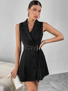 Conjunto de Vestido Formal Elegante Feminino com Cintura Ajustada e Cruzado, sem Mangas