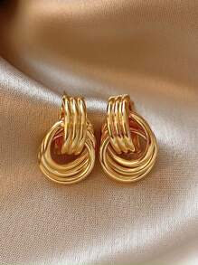1pair Bridal Exaggerated Simple Stylish Asymmetrical Summer Hollow Hoop Out Several Circle Round Entwined Texture Mixed Multilayer Circle Twist Knot Gold Color Earrings Multi-Layered Wrap Stud Earrings For Women Wedding Party Banquet Gift Jewelry