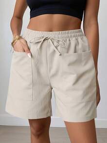 Shorts casuales de verano para mujeres, con bolsillos y cordón, Bermuda shorts de lino y shorts básicos de lino de unicolor sueltos de longitud hasta la rodilla,Ropa de ocio de moda - Caqui - Ver 1