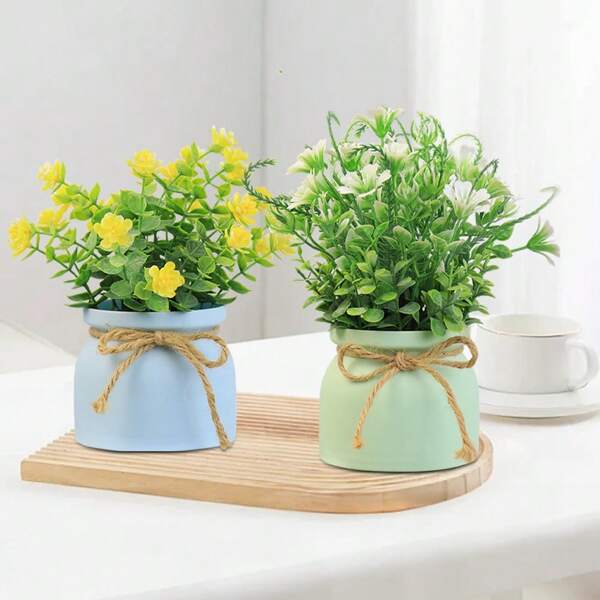 1pc Artificial Plant Plastic Flower Pot Landscape, Blue/Green Flower Pot With Bowknot Decoration, Suitable For Indoor And Outdoor Home Kitchens, Office Desks, Wedding Decorations, Room Decorations, Mother's Day Gifts, Thanksgiving Gifts