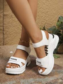 2025夏季新款厚底运动凉鞋女学生厚底魔术贴坡跟凉鞋 - 白色 - 查看 6