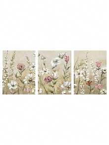 1/3 件现代花卉墙面艺术海报，现代风格墙面艺术，精致花朵和柔和色调的插图，优雅精致的帆布艺术品墙画礼物，非常适合卧室、浴室、办公室、客厅、墙壁装饰、家庭和宿舍装饰，无框/有框