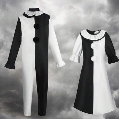 Female/Male Horror Black White Killer Jumpsuit,Adult Horror Clowns Costume,Suitable For Carnival Party