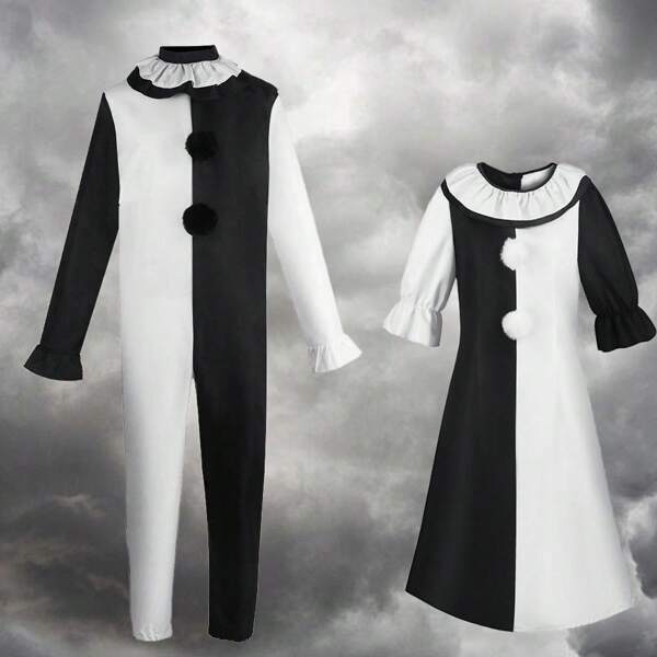 Mono blanco y negro de estilo asesino para hombre/mujer, disfraz de payaso de horror para adultos, adecuado para fiestas de carnaval