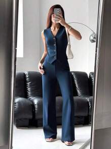 Completo elegante da donna, pantaloni lunghi, outfit casual monocolore - Gilet senza maniche + Pantaloni con elastico in vita e tasche, adatto per uso casual quotidiano e per andare al lavoro, per tutte le stagioni