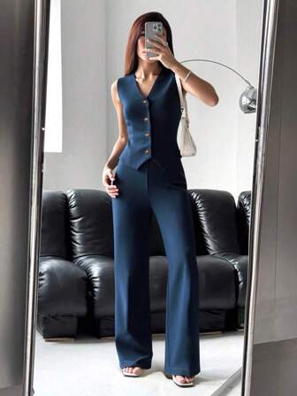 Elegant damkostymset, långbyxor, enfärgad casual outfit - ärmlös väst + byxor med resår i midjan, lämplig för vardagskläder och pendling, hela säsongen