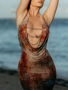 Printed Chain Plunging Neck Hollow Out Backless Bodycon Vacation Maxi Dress - Printing - View 6