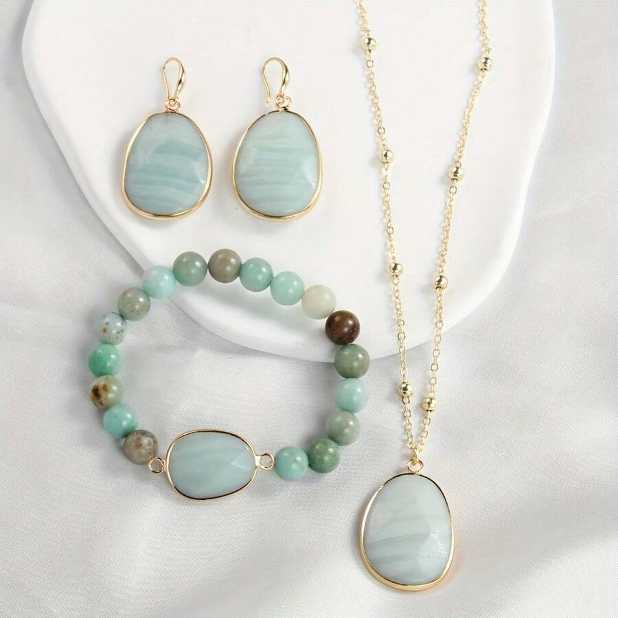 4Pcs/Set 2024 Luxury Jewelry Set For Women - Elegant Light Green Oval Stone Pendant Necklace, Matching Earrings & Adjustable Beaded Bracelet, Retro Chic Dainty Jewelry, High-Quality Gift Set For Mother's Day, Birthday, Anniversary - 綠色 - 查看 1