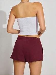 Pantalones cortos de yoga casuales de verano para mujer, color liso, cintura elástica, estilo jogger holgado. - Rojo - Ver 4