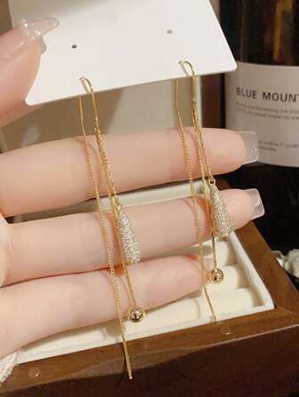 1 paire de chaînes d'oreille élégantes et luxueuses ornées de strass et de zirconium cubique, boucles d'oreilles