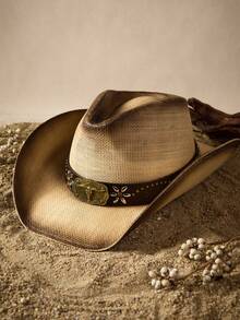 Tropiscape Boho 1pc Women's Western Style Straw Hat Summer Panama Beach Sun Hat Vintage Cowgirl Jazz Cap Cowboy Hat Vacay Vibes Vacation Relax Beach Autumn Winter Gifts Cottagecore,SummerOutfit - Multicolor - View 2