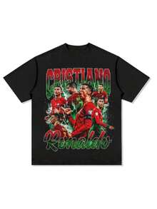 Camiseta de algodón vintage con estampado de C. Ronaldo de Portugal, camiseta deportiva de verano para fans de fútbol, cuello redondo, manga corta, diseño holgado y ajustado para mujeres y hombres - Negro - Ver 1