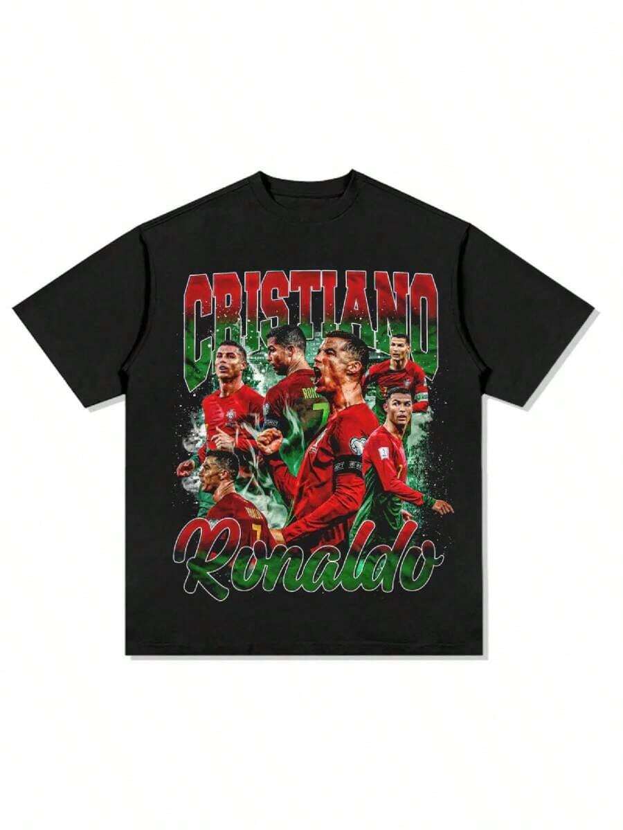 Camiseta de algodón vintage con estampado de C. Ronaldo de Portugal, camiseta deportiva de verano para fans de fútbol, cuello redondo, manga corta, diseño holgado y ajustado para mujeres y hombres - Negro - Ver 1